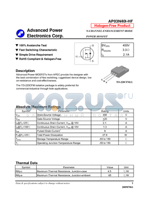 AP03N40I-HF datasheet - N-CHANNEL ENHANCEMENT MODE POWER MOSFET