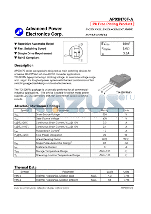 AP03N70F-A datasheet - N-CHANNEL ENHANCEMENT MODE POWER MOSFET