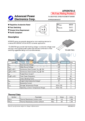 AP03N70I-A datasheet - N-CHANNEL ENHANCEMENT MODE POWER MOSFET