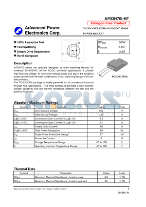 AP03N70I-HF datasheet - 100% Avalanche Test, Fast Switching, Simple Drive Requirement