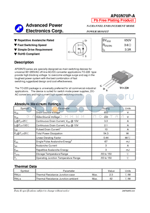AP03N70P-A datasheet - N-CHANNEL ENHANCEMENT MODE POWER MOSFET