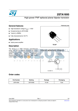 2STA1695 datasheet - High power PNP epitaxial planar bipolar transistor