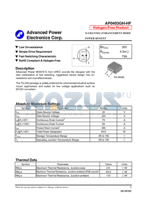 AP0403GH-HF datasheet - Low On-resistance, Simple Drive Requirement