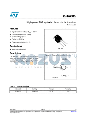 2STA2120 datasheet - High power PNP epitaxial planar bipolar transistorl