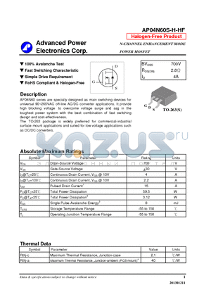 AP04N60S-H-HF datasheet - N-CHANNEL ENHANCEMENT MODE POWER MOSFET