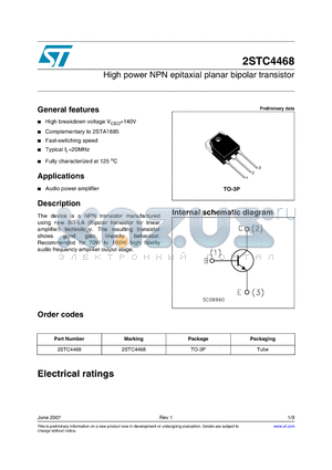 2STC4468 datasheet - High power NPN epitaxial planar bipolar transistor