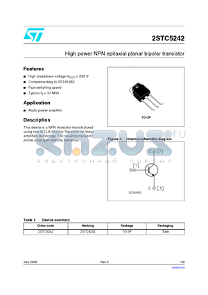 2STC5242 datasheet - High power NPN epitaxial planar bipolar transistor