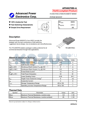 AP04N70BI-A datasheet - N-CHANNEL ENHANCEMENT MODE POWER MOSFET