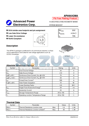 AP0503GMA datasheet - N-CHANNEL ENHANCEMENT MODE POWER MOSFET
