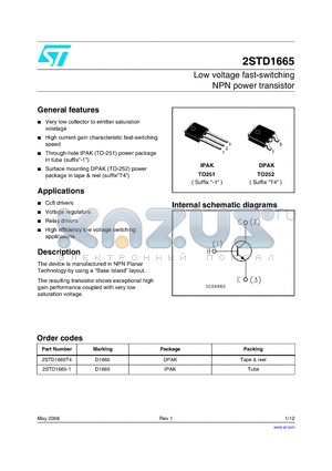 2STD1665T4 datasheet - Low voltage fast-switching NPN power transistor