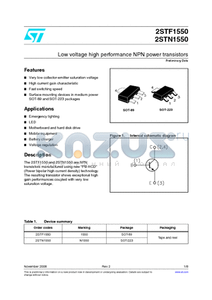 2STF1550 datasheet - Low voltage high performance NPN power transistors