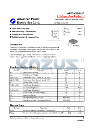 AP05N50H-HF datasheet - N-CHANNEL ENHANCEMENT MODE POWER MOSFET