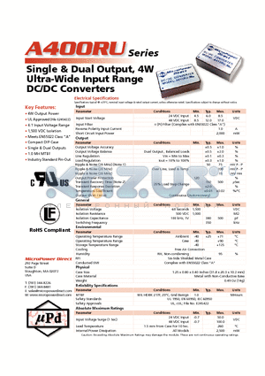 A406RU datasheet - Single & Dual Output, 4W Ultra-Wide Input Range DC/DC Converters