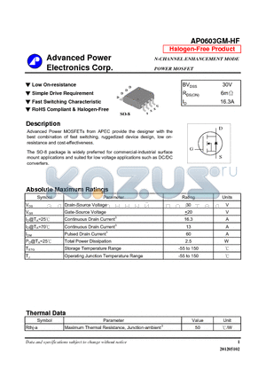 AP0603GM-HF datasheet - Low On-resistance, Simple Drive Requirement