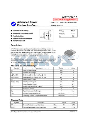 AP07N70CP-A datasheet - N-CHANNEL ENHANCEMENT MODE POWER MOSFET