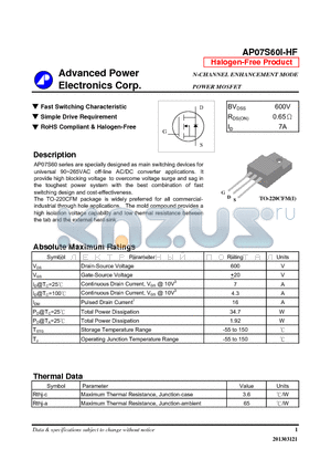 AP07S60I-HF datasheet - N-CHANNEL ENHANCEMENT MODE POWER MOSFET