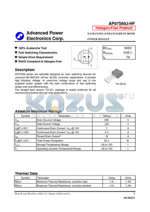 AP07S60J-HF datasheet - N-CHANNEL ENHANCEMENT MODE POWER MOSFET