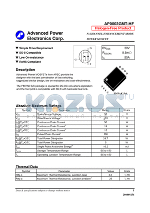 AP0803GMT-HF datasheet - Simple Drive Requirement, SO-8 Compatible