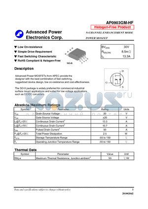AP0903GM-HF datasheet - Low On-resistance, Fast Switching Characteristic
