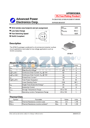 AP0903GMA datasheet - N-CHANNEL ENHANCEMENT MODE POWER MOSFET