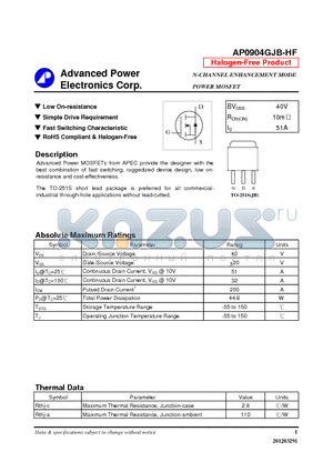 AP0904GJB-HF datasheet - Low On-resistance, Simple Drive Requirement, Fast Switching Characteristic