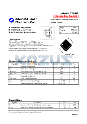 AP0904GYT-HF datasheet - Simple Drive Requirement, Simple Drive Requirement, RoHS Compliant & Halogen-Free