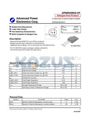 AP09N20BGI-HF datasheet - N-CHANNEL ENHANCEMENT MODE POWER MOSFET