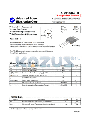 AP09N20BGP-HF datasheet - N-CHANNEL ENHANCEMENT MODE POWER MOSFET