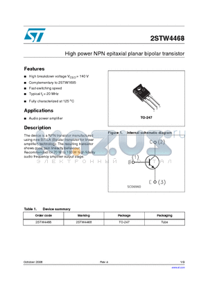 2STW4468 datasheet - High power NPN epitaxial planar bipolar transistor