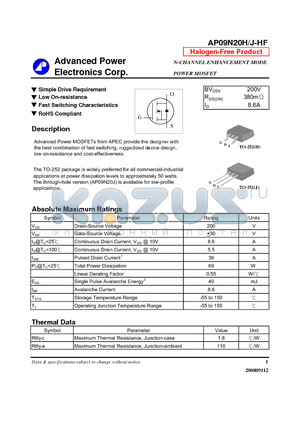 AP09N20H-HF datasheet - N-CHANNEL ENHANCEMENT MODE POWER MOSFET