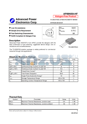 AP09N50I-HF datasheet - N-CHANNEL ENHANCEMENT MODE POWER MOSFET