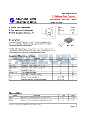 AP09N50P-HF datasheet - N-CHANNEL ENHANCEMENT MODE POWER MOSFET