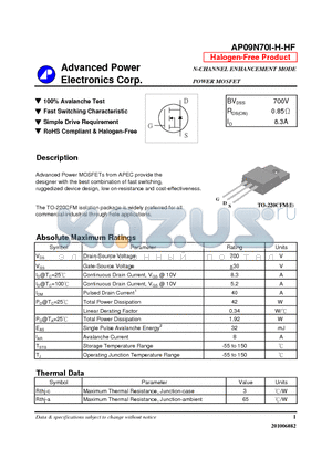 AP09N70I-H-HF datasheet - N-CHANNEL ENHANCEMENT MODE POWER MOSFET