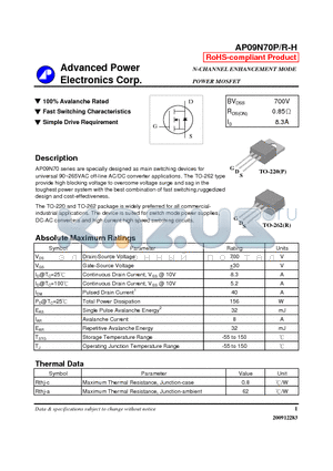 AP09N70P-H datasheet - N-CHANNEL ENHANCEMENT MODE POWER MOSFET