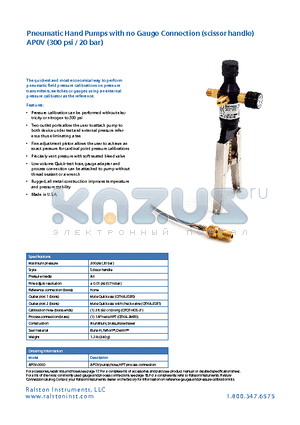 AP0V datasheet - Pneumatic Hand Pumps with no Gauge Connection