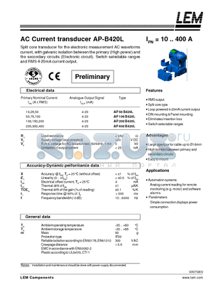 AP100-B420L datasheet - AC Current transducer AP-B420L