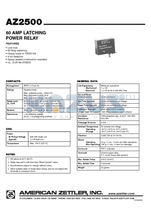 AZ2500 datasheet - 60 AMP LATCHING POWER RELAY