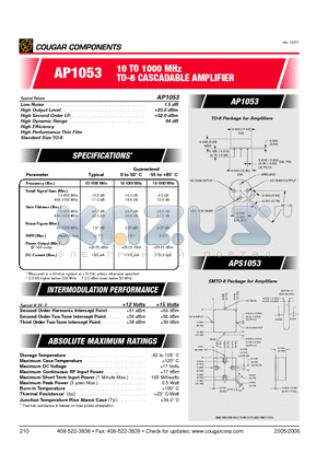 AP1053 datasheet - 10 TO 1000 MHz TO-8 CASCADABLE AMPLIFIER