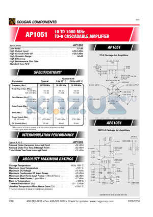 AP1051 datasheet - 10 TO 1000 MHz TO-8 CASCADABLE AMPLIFIER