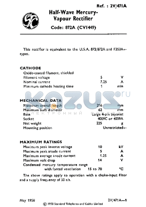 2V/471A datasheet - HALF-WAVE MERCURY-VAPOUR RECTIFIER