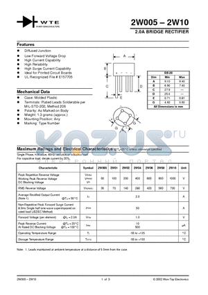 2W005 datasheet - 2.0A BRIDGE RECTIFIER