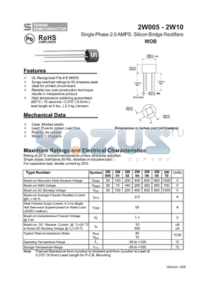 2W005 datasheet - Single Phase 2.0 AMPS. Silicon Bridge Rectifiers