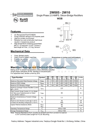2W005 datasheet - Single Phase 2.0 AMPS. Silicon Bridge Rectifiers