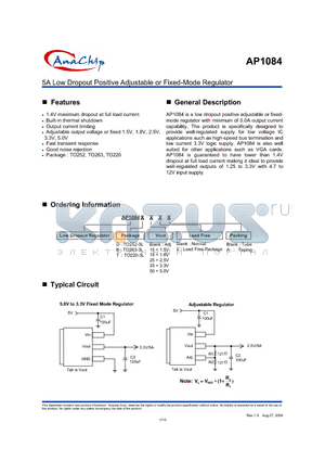 AP1084T15 datasheet - 5A Low Dropout Positive Adjustable or Fixed-Mode Regulator