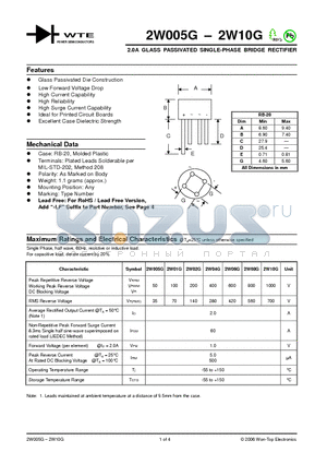 2W01G datasheet - 2.0A GLASS PASSIVATED SINGLE-PHASE BRIDGE RECTIFIER