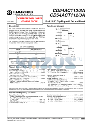 CD54AC112 datasheet - Dual J-K Flip-Flop with Set and Reset