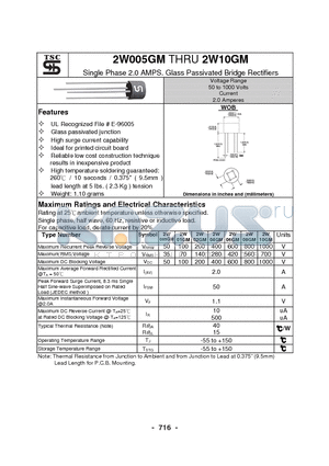 2W02GM datasheet - Single Phase 2.0 AMPS. Glass Passivated Bridge Rectifiers