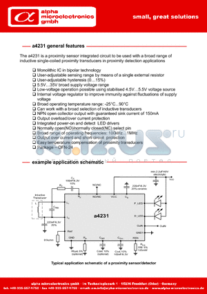 A4231 datasheet - proximity sensor integrated circuit to be used with a broad range