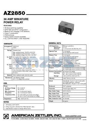 AZ2850-2C-6D datasheet - 30 AMP MINIATURE POWER RELAY