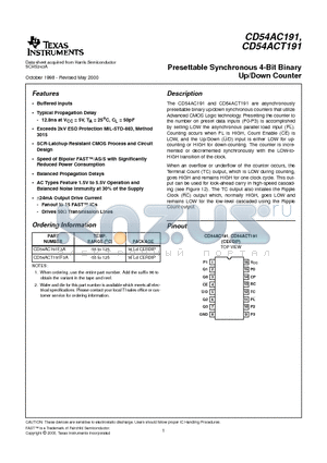 CD54AC191 datasheet - Presettable Synchronous 4-Bit Binary Up/Down Counter